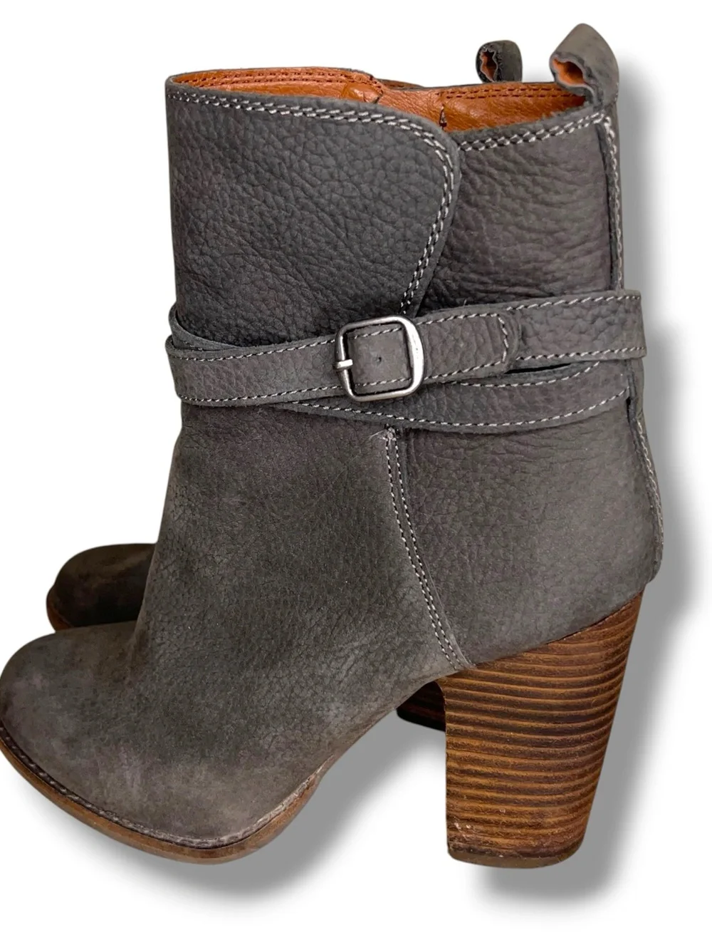 Size 6.5 Lucky Brand Latonya Block Heel Boots Leather Grey Boho Western Bohemian
